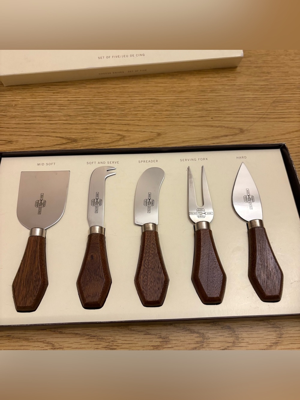 Vintage Pottery Barn Cheese Knives Set 5 FAMA Maniago Italy Stainless Steel Wood